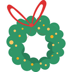 Green Christmas wreath with red ribbon illustration, ideal for holiday decorations, festive banners, and seasonal promotional designs.