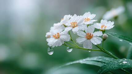 Delicate cluster of small white flowers with water droplets on green leaves in soft light