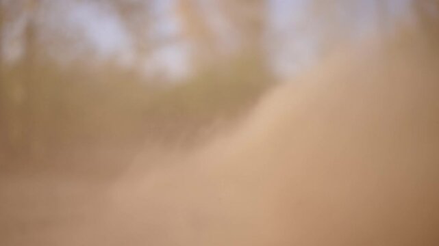 Solo ATV rider kicking up sand and dust, yellow jacket, close shots of spinning tire and suspension, sunlit grove backdrop, dynamic backlit motion capturing