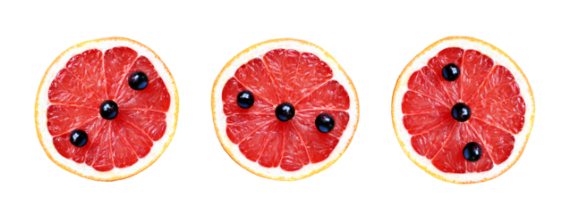 Three sliced ​​grapefruits wallpaper. Grapefruit with blackcurrant berries. Citrus slices, isolated, artistic modern art, abstract food backgrounds, healthy eating concepts. PNG