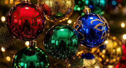 Close-up of shiny, colorful Christmas ornaments hanging on a decorated evergreen tree with blurred festive lights in the background.