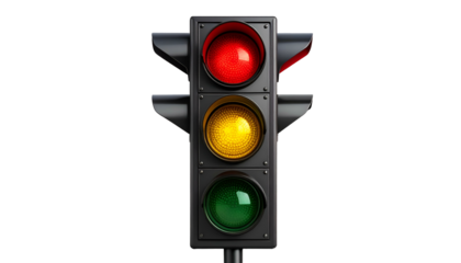 Upright, dark-housed traffic light displaying red and yellow; green visible