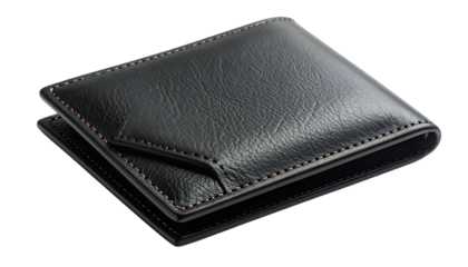 A closed, black leather bifold wallet with contrast stitching, partially open, on black