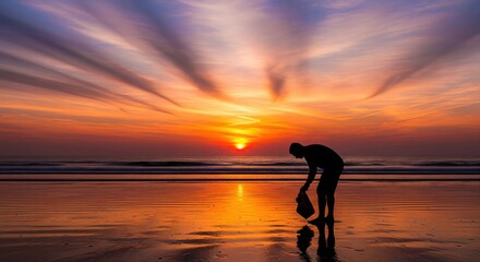 Fototapeta premium Silhouette of a Person Gathering Shells at Sunset on a Tranquil Beach Shoreline