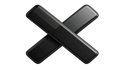 Glossy, black 'X' formed by overlapping rectangular bars, against a dark backdrop