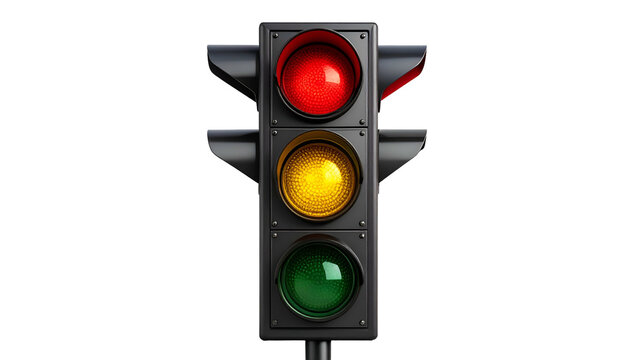 Upright, dark-housed traffic light displaying red and yellow; green visible