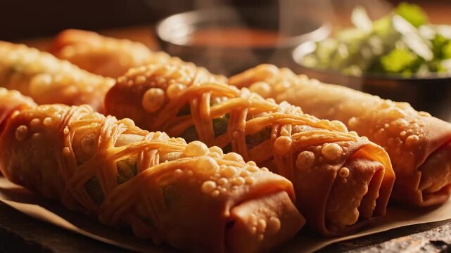 Crispy Golden Spring Rolls with Dipping Sauce and Fresh Herbs