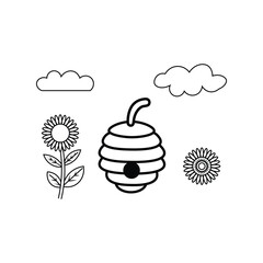 bee hive with flowers and clouds outline vector illustration.eps
