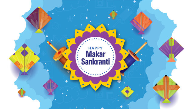 ndian festival Happy Makar Sankranti poster design with people flying colorful kites on cloudy sky. Creative vector illustration design, Creative vector illustration of Happy Makar Sankranti kite