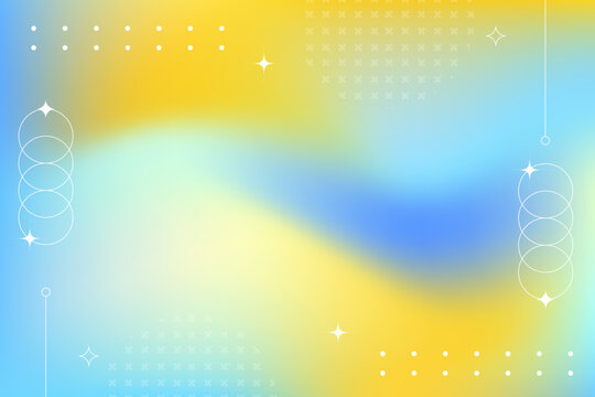 Vibrant yellow and blue holographic gradient background with abstract geometric shapes and sparkling accents