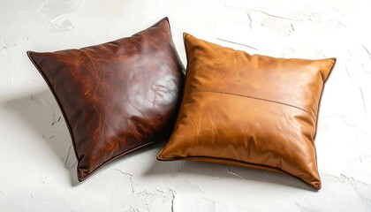 Two Square Leather Pillows, Brown and Tan.