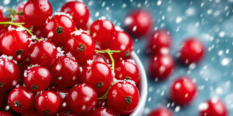 Red currant berry snow winter closeup food fresh fruit bowl cold red currant berry closeup with snow winter, fresh fruit bowl with cold frost detail and vibrant color blue background