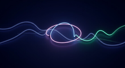 A colorful, neon-lit graphic design element with glowing blue, pink, and green lines forming a circular pattern against a dark background with a shallow depth of field.