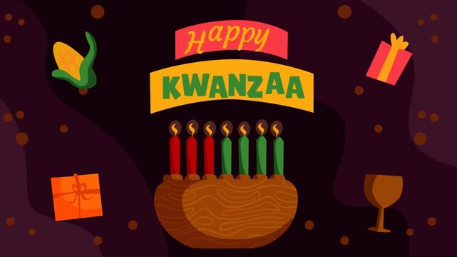 Festive Kwanzaa scene featuring traditional candles, colorful gifts, and cultural symbols on a dark background