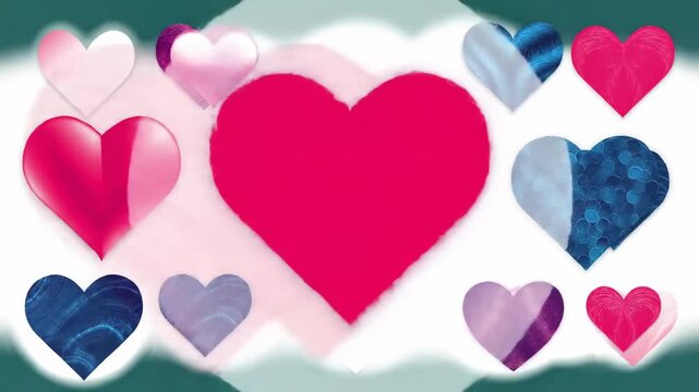 Colorful collection of eleven hearts, each with a unique style and texture, set on a white background