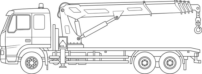 Detailed truck mounted crane outline illustration showing industrial construction vehicle with hydraulic lifting boom isolated clean technical vector design