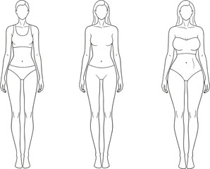 Minimal female body anatomy outline illustration displaying different women proportions for fashion design templates neutral clean line vector reference