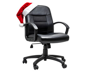 Black Leather Office Chair Wearing Santa Hat.