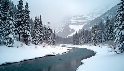 Winter landscape with snow-covered trees and a river in a serene setting
