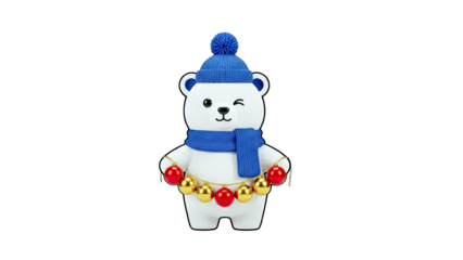 Cute Polar Bear Wearing Hat and Scarf with Christmas Ornaments