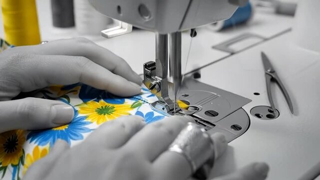 Close up of hands using a sewing machine to stitch a floral patterned fabric
