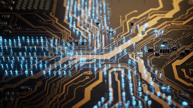 Dynamic digital data flow on a sophisticated circuit board, illustrating advanced information processing and the intricate architecture of modern computing technology