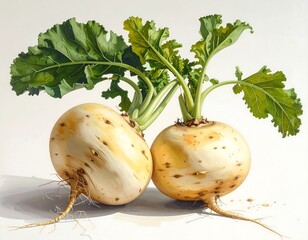 Two Yellow Turnips with Green Leaves.