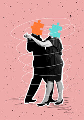 A trendy halftone collage in pop art style. A man and woman dancing. Love, a date. A married couple in retro clothing from the 70s and 80s against a pastel background with puzzle pieces for heads.