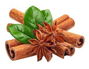 Cinnamon Sticks and Star Anise with Green Leaves.
