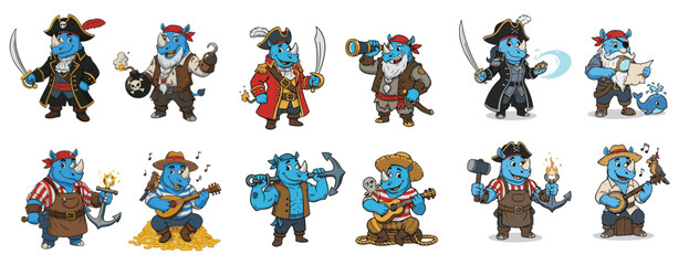 Complete Pirate Rhinoceros Crew Design Kit. Including Captain, Cook, Artist, and Treasure Hunter. © 99VectorS