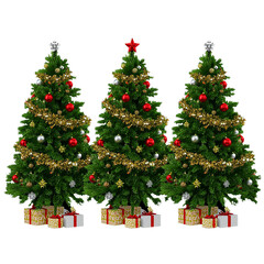 Set of Three Decorated Christmas Trees with Gifts Isolated on Transparent Background