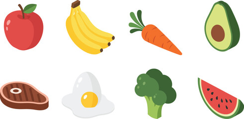 Collection of fresh food icons including fruits vegetables and protein perfect for healthy eating concepts and dietary apps