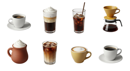Assortment of coffee drinks and brewing equipment on black background