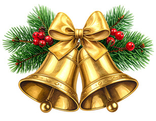 Golden Holiday Bells With Bow And Evergreen Sprig.