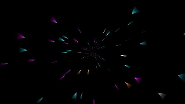 Abstract colorful geometric triangle burst animation on black background featuring neon shapes flying towards camera for retro futuristic or festive motion graphics.