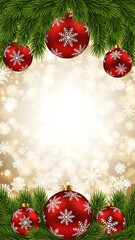 Christmas frame border with holly berries, fir branches, pine cones, and holiday tree decorations