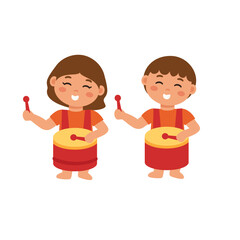 Cute Kawaii Carnival Girl and BoyvPlaying Drum Vector Illustration