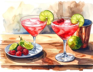 Two Refreshing Cocktails with Raspberries and Lime.