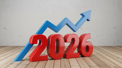 A 3D rendering shows the year 2026 with a blue upward trending arrow indicating growth and progress.