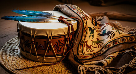 Native American Drum with Feathers and Woven Blanket on Wicker Mat blue feathers indigenous