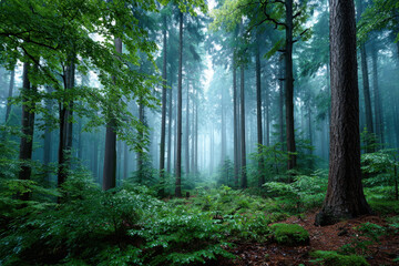 Obraz premium Misty Forest Path with Tall Trees and Lush Green Undergrowth