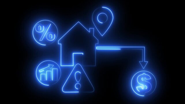 Glowing neon Home location with dollar sign and business graph icon .glowing neon red and blue color house map address road tracking direction finance profit banking currency bar chart .4k video 