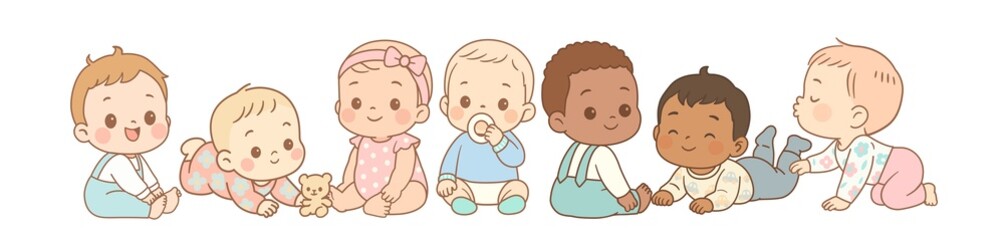 Seven kawaii-style babies in pastel colors sitting, crawling, and playing together. Diverse toddlers with cute rounded features and soft nursery illustration style