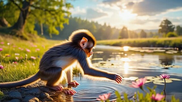 A small monkey sitting by the water with flowers and trees in the background on a sunny day monkey video