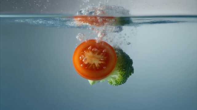 Fresh red tomato half and green broccoli floret splashing into clear water with bubbles.