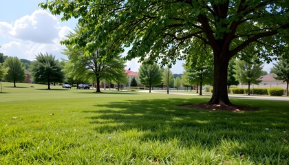Obraz premium Lush Green Park with Large Trees and Bright Blue Sky in a Peaceful Outdoor Setting