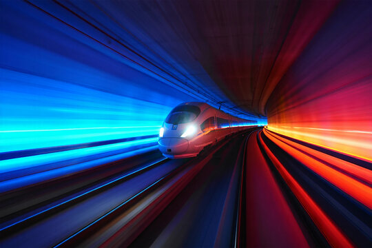 High speed train traveling through a brightly lit tunnel with blue and red light streaks motion
