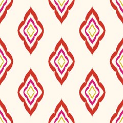 Obraz premium Feathered diamond pattern in red–white–pink–yellow on cream. Great for luxury soft home decor.