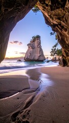 Seascape view through cave of beach with rock formation on horizon under the colorful sky at sunset, sandy foreground