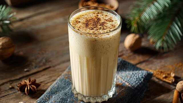 Closeup of creamy eggnog in a glass topped with cinnamon on rustic wooden table for holiday celebration